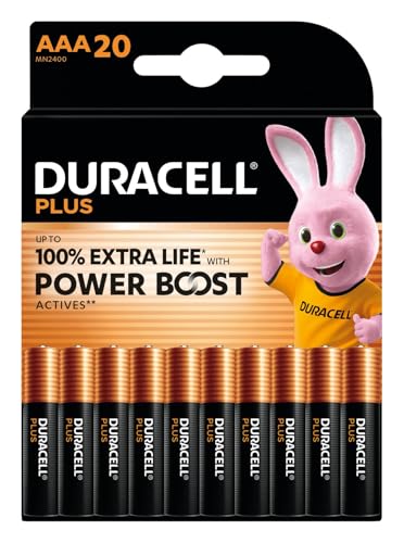 DURACELL Batterie Plus AA (Confezione da 20) – Batterie Alcaline da 1,5 V – Fino al 150% di durata extra con Attivi POWER BOOST– L'imballaggio può variare–MN1500