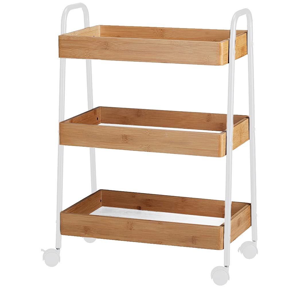 BAKAJI Carrello Trolley Cucina in Metallo con 3 Ripiani in legno e 4 Ruote girevoli a 360 Gradi con Freno Trolley Salvaspazio Arredamento Casa Cucina Dimensione 49 x 70 x 28 cm Design Moderno (Bianco)