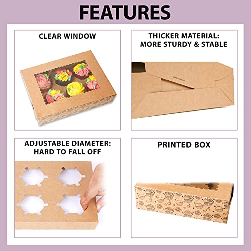 Image of mudrit Paper Cupcake Boxes With Insert Trays (Pack Of 20), Brown Cupcake Carrier, Food Grade Kraft Bakery Boxes With Windows & Inserts To Fit 6 Cupcakes Muffins Or Pastries, 470 Ml