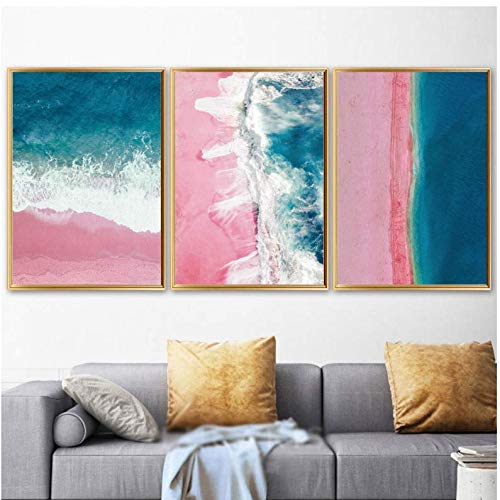 Plage rose et mer bleue en peinture : toile vague blanche 50x70cm pour illuminer le salon