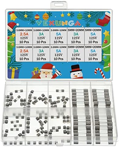 VEXUNGA 5 Values 100 Pcs 125V Christmas Light Fuses Kit 5x20MM 3A 5A 125 Volt Max Fuse and 3.6X10MM ts-66 2.5 3 5 Amp 125V Mini Glass Fuses Replacement for Outdoor C9 String Xmas Lights Fan