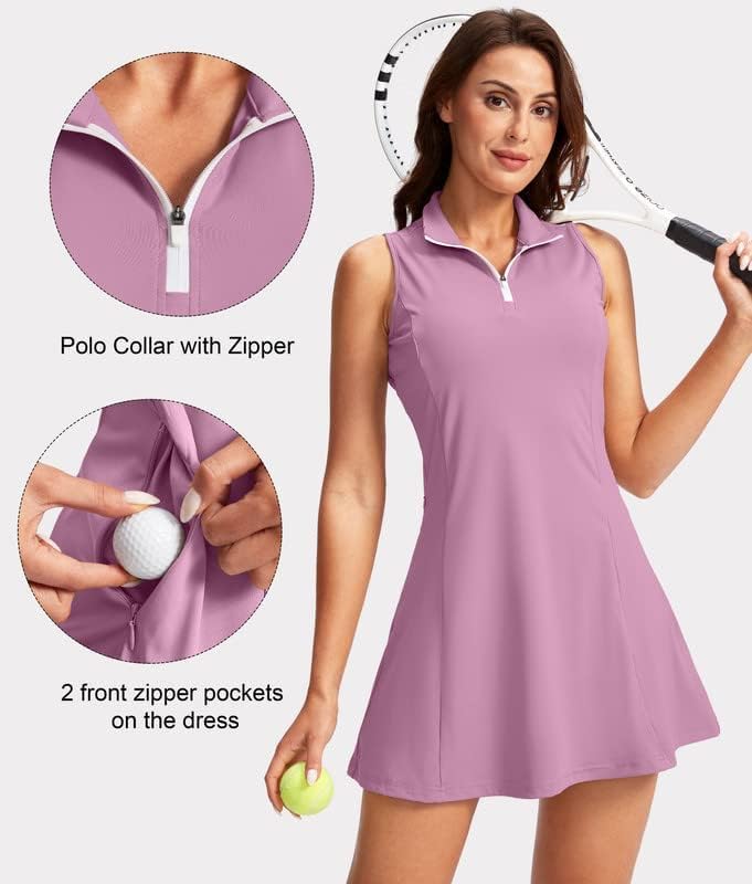 Viodia Women's Tennis Golf Dress with Shorts Active Exercise Workout Sports Athletic Dresses for Women with Zipper Pockets - Image 3