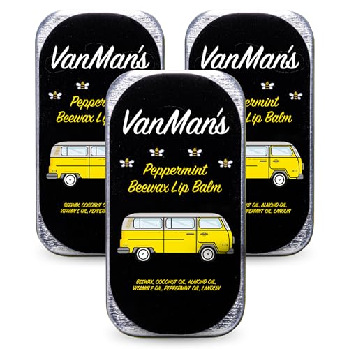 Vanmans - Handmade Peppermint Beeswax Lip Balm (3 Pack) - Peppermint Balm with Rosemary Almond and Coconut Oil - Bee Balm with Vitamin E - Ideal for Dry Lips