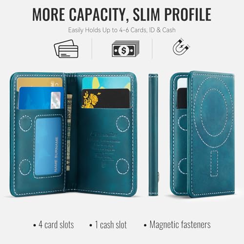 Image of Magnetic Wallet Card Holder with RFID Protection, PU Leather Slim Wallet, Strong Magnet Attachment for iPhone 18 /17 /16 /15 /14 /13 /12 Series Pro Max Plus Mini-Green