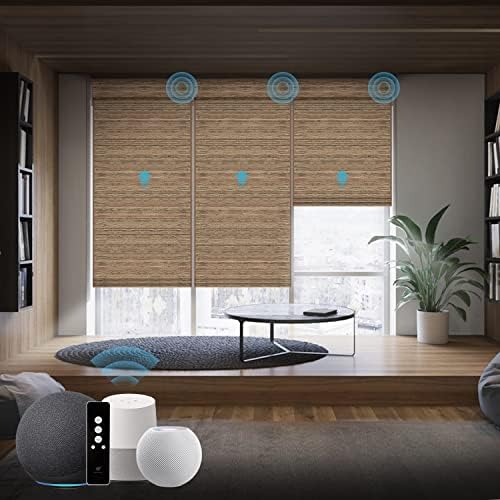 SmartWings Motorized Natural Woven Wood Roman Shades Full Blackout Classic Fold Smart Blind, Cordless Remote Control Electric Window Shades Rechargeable Auto Blinds, Customized Size, Kenaf -016