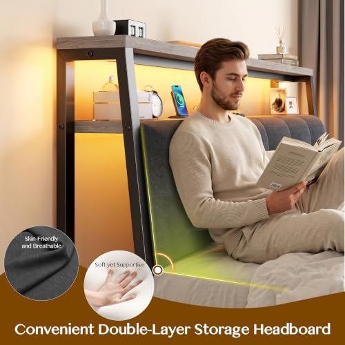 Image of Homkdom Queen Bed Frame with Upholstered Headboard & Charging Station