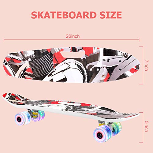 Foto von Fynllur Skateboard Komplettboard 66x18cm mit LED-Blitz Räder Mini Cruiser Retro Skateboard für Kinder Jungen Mädchen Jugendliche Erwachsene Anfänger, Belastung 100kg