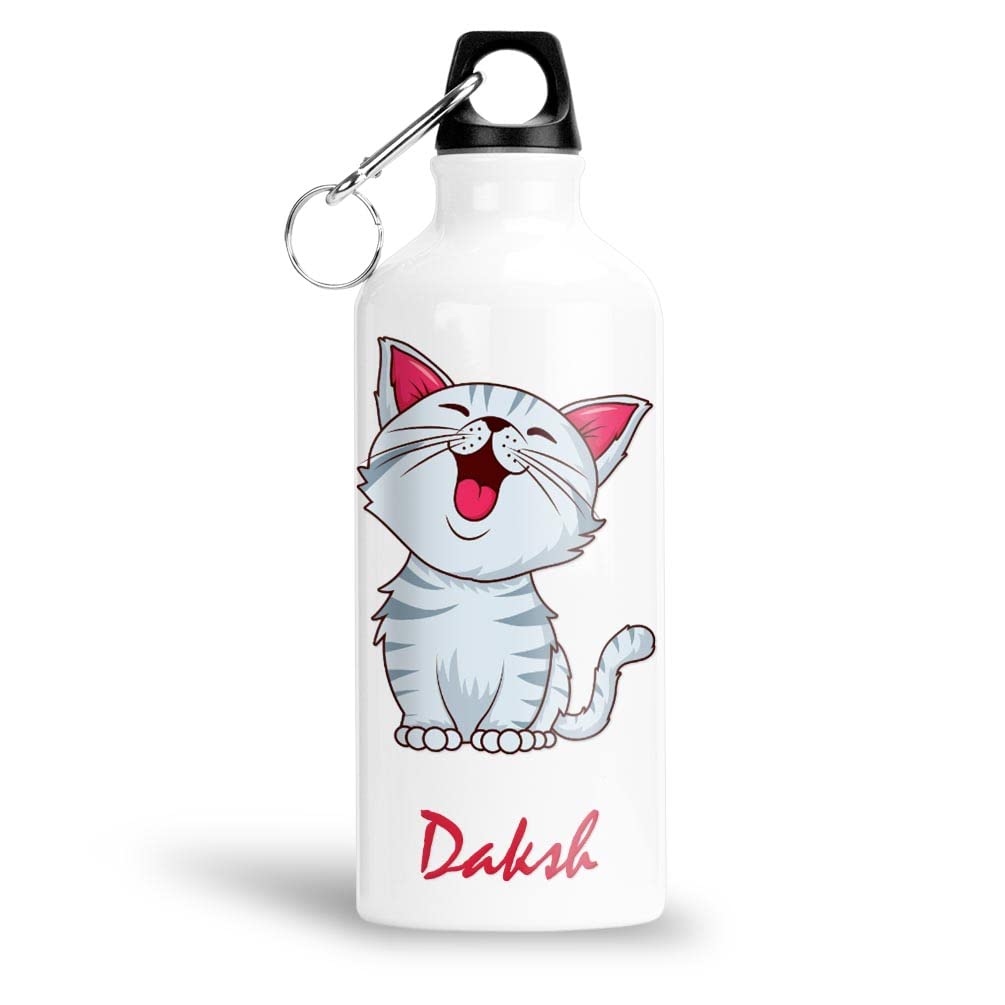 FurnishFantasy Cute Cat Personalised Aluminium 750ml Water Bottle for Kids - Best Birthday Gift for Son, Daughter, Brother, Sister, Return Gift for kids - Color - White, Name - Daksh
