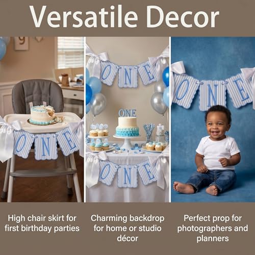 Image of Blue and White Striped ONE High Chair Banner Boy Light Blue Vertical Stripe Embroidered 1st Birthday Highchair Banner First Birthday Decorations for Boy (Blue Stripes)
