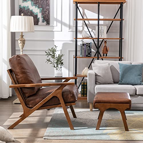 Zhenghao Leather Accent Chair With Ottoman, Mid Century Modern Lounge Chair With Footrest, Comfy Pu Leather Armchair For Reading/Living Room/Bedroom, Brown #TOP1