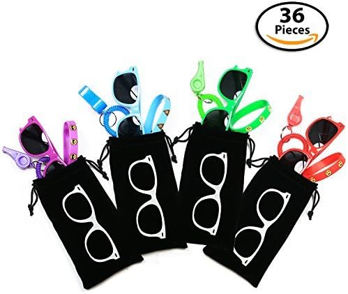 36-pcs Party Gift Favors for Kids – 12 Goody Bags: Each Bag includes 12 Whistles + 12x Sunglasses + 12x Emoji Bracelets - Great Prizes for Birthday, Loot Bags, Classrooms, Grab Bags, Doctor Office