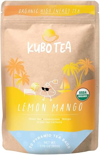 Kubo Tea, Organic High Energy, High Caffeine Blend, 20 Servings (155mg Caffeine each), Pyramid Tea Bags, Compostable & Biodgradable Packaging, Brew Hot or Iced, Healthy Coffee Substitute- Lemon Mango Black Tea