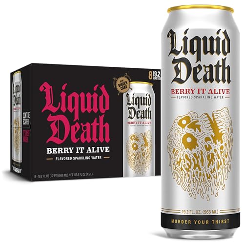 Image of Liquid Death Flavored Sparkling Water with Agave, Berry It Alive, 19.2 oz King Size Cans (8-Pack)