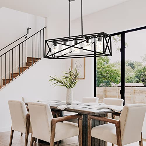 Todoluz Farmhouse Dining Room Linear Chandelier With Textured Seedy Glass, 5-Lights Kitchen Island Lighting Fixtures For Living Room #TOP2