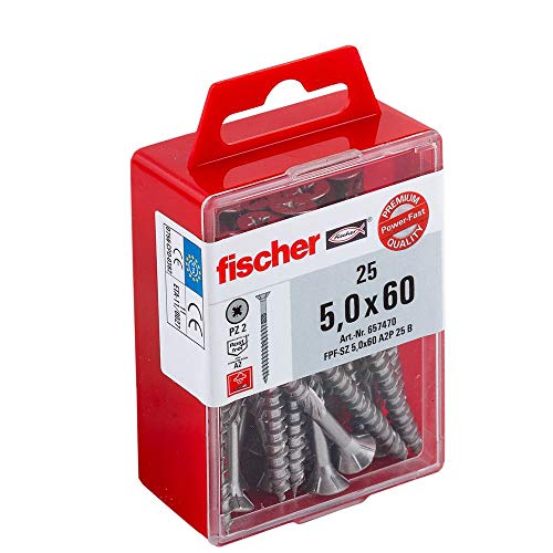 Fischer 657470 5.0 x 60 mm A2 TG PZ "Power-Fast" Countersunk Head-Screw - Multi-Colour (25-Piece), Multicolore, 5,0 x 60