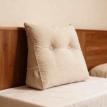 Triangular Headboard Pillow with Removable Cover & Side Pockets, Small Bed Wedge Pillow for Headboard, Daybed Sitting Backrest Reading Pillow Bolster Cushion for Bed Support, Beige