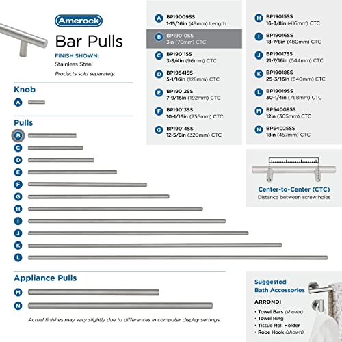 Image of Amerock 3 inch Bar Pulls Stainless Steel Drawer Pull | 3 inch (76mm) Center-to-Center Mounting Distance and 5-3 /8 inches Overall Length, Durable Stainless Steel Cabinet Hardware