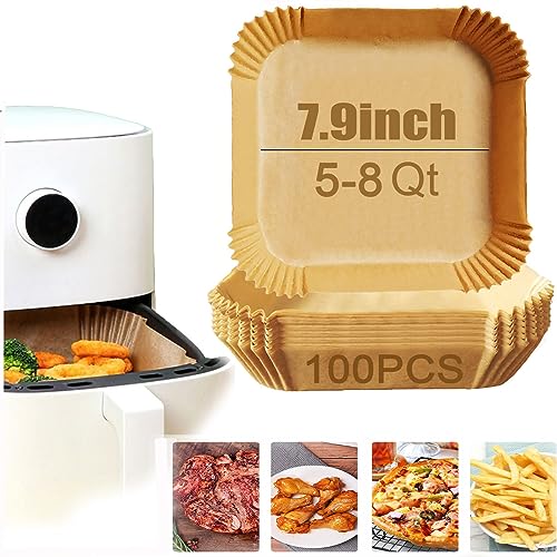 Ailifeer Air Fryer Disposable Paper Liner, 7.9in to 9.4inch Baking Parchment Paper Air fryer liners,100 PCS square Waterproof Oil-Proof High Temperature Cooking Non-Stick Liner for Ovens,Microwave