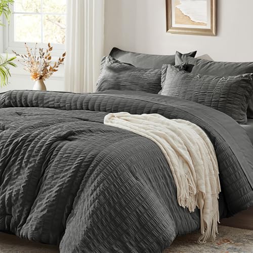 Image of Zzlpp King Comforter Set 7 pieces, Dark Grey Seersucker Bed in a Bag with Comforter and Sheets, All Season Bedding Sets with 1 Comforter, 2 Pillow Shams, 2 Pillowcases, 1 Flat Sheet, 1 Fitted Sheet