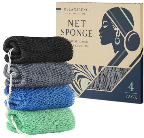 African Net Sponge Authentic - 4 Pack Exfoliating Body Scrubber Bath Sponge - Loofah Washcloth Back Scrub for Shower Body Exfoliator