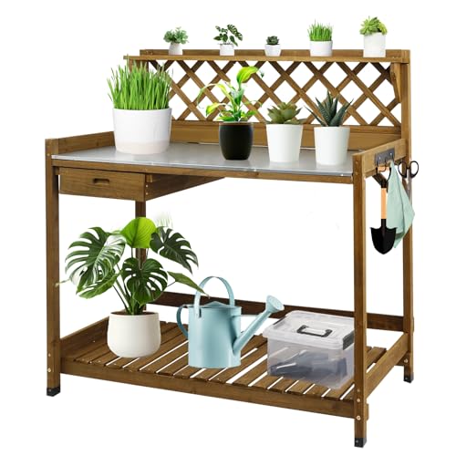 Potting Bench Outdoor Wood Garden Work Bench Station Planting with Metal Table Top and Large Bottom Shelf，W/Solid Wood Waterproof Table Leg Cover Dr