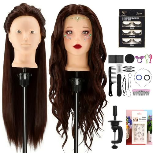 Tête à coiffer pour cosmétologie avec cheveux humains longs et maquillage