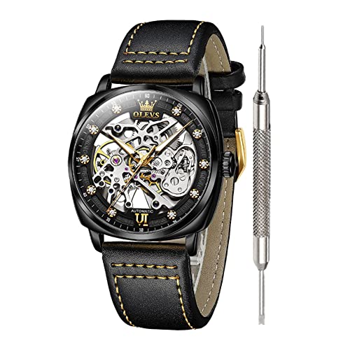 OLEVS Black Leather Automatic Watches for Men Waterproof Hollow Mens Black Square Watch Leather Self Winding Mechanical Square Watches for Men Best Mens Leather Watch Trendy Rugged Watches for Men