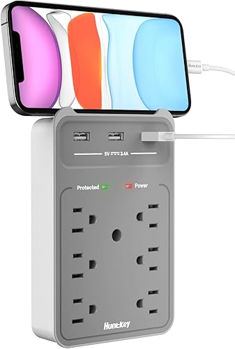 Enchufe protector contra sobretensiones SMD607 Huntkey con 6 tomas de corriente CA y tres puertos de carga USB 34Amp