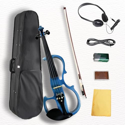 Ceciliec Electric Violin 4/4 Full Size, Silent Violin with Ebony Fittings, Blue Metallic Varnish Violin for Beginners Students (Metallic Blue)