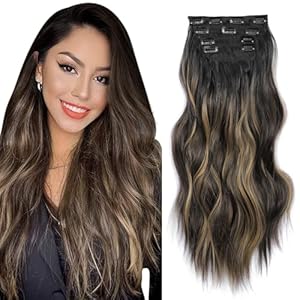 4Pcs Hair Extensions Clip in Natural Black to Caramel Blonde Hair extensions 20″ Synthetic Hairpieces for Woman Ombre hair Extension Curly Wavy Hairpieces For Full Head