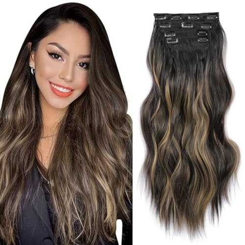 4Pcs Hair Extensions Clip in Natural Black to Caramel Blonde Hair extensions 20" Synthetic Hairpieces for Woman Ombre hair Extension Curly Wavy Hairpieces For Full Head