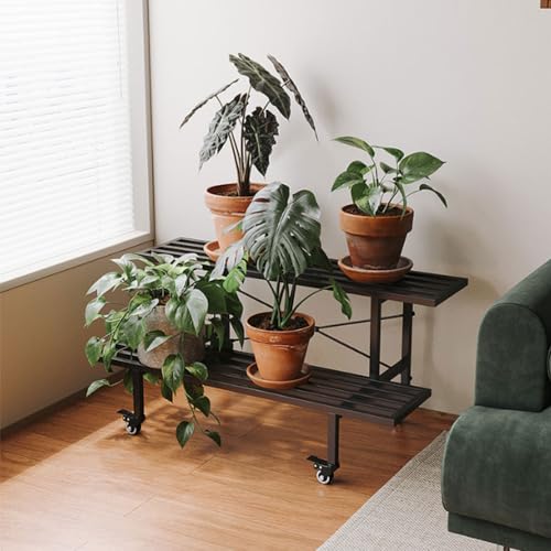 Support à plantes mobile à 2 niveaux intérieur extérieur avec étagère métal