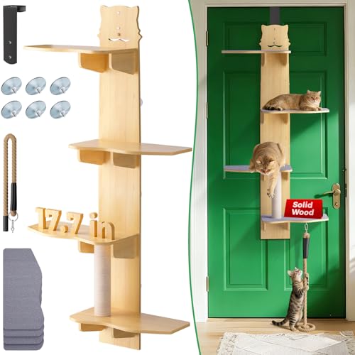 2026 New 4-Level Over Door Cat Tree with (6 Suction Cups & Climbing Rope) Door Hanging Cat Shelf with 17.7in Perch Over The Door Cat Tree Climber for Indoor Cats