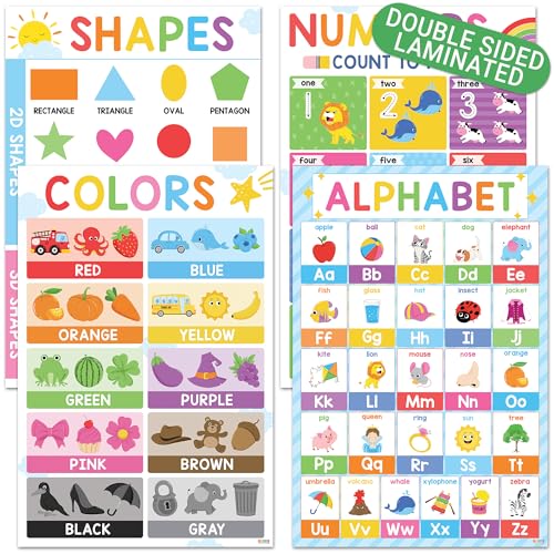 BEAWART ABC Alphabet Posters (Pack 4 - 16'x24'), Color Shape Number Chart for Classroom Decor, Educational Posters for Toddlers 1-3, Learning Chart for Preschoolers, Homeschool Supplies, Double Laminated