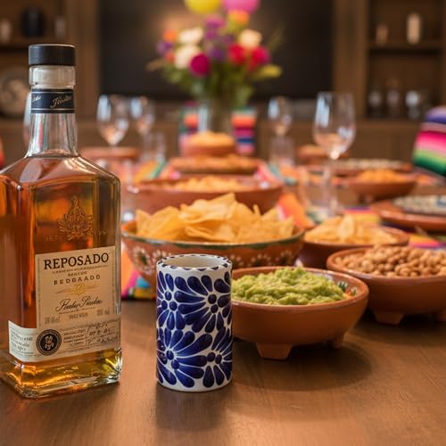 Image of Talavera Mexican Shot Glasses Set of 4 (2 oz) | Authentic Hand-Painted Ceramic Tequileros | Heavy Duty Caballitos for Tequila, Mezcal & Liquors | Blue & White Jaln Azul Floral Design
