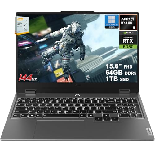LOQ Gaming AI Laptop | 15,6 pollici FHD 144Hz (100% sRGB G-SYNC) | AMD 6-core Ryzen 5 220 | 64GB DDR5 1TB SSD | GeForce RTX 5050 440 AI Tops | Retroilluminato 5MP Privacy Camera Win11Pro w/DLCA