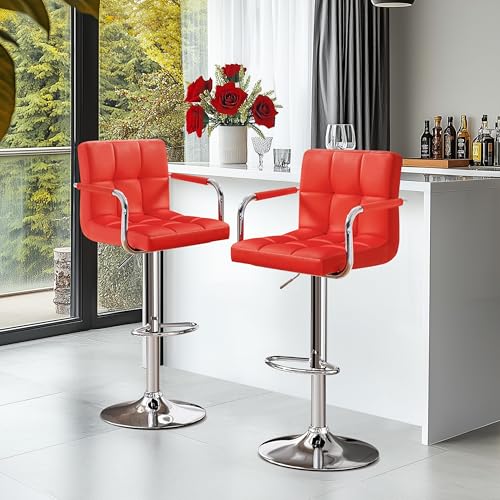 Image of Yaheetech Bar Stools Set of 2, Swivel with Backs, Adjustable Height, Red