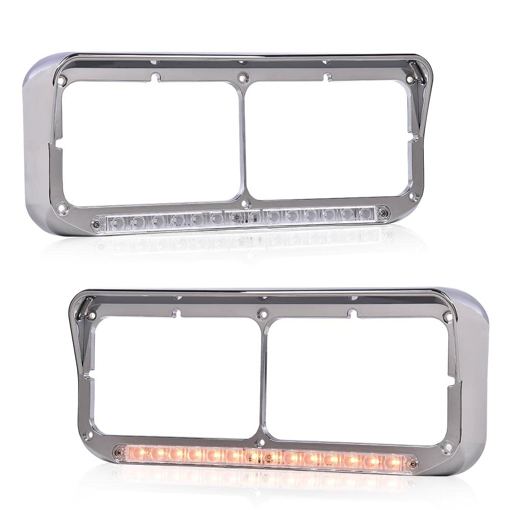 Photo 1 of PIT66 12" Headlight Visor Bezels w/Amber LED Bar Compatible with Kenworth T400 T600 T800 W900 Classic 120 132 /Peterbilt 378 379 /Western Star 4900