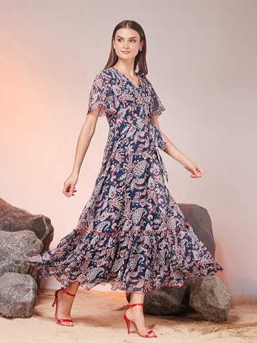 Image of Miss Chase Women's Floral V-Neck Flutter Sleeve Wrap Chiffon Maxi Dress