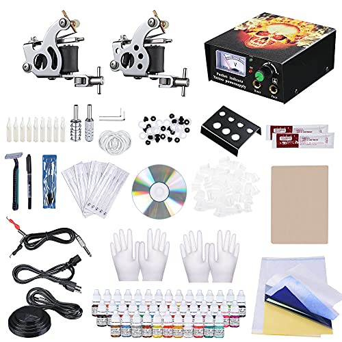 AW Power Supply 10 Wraps Gun Needle Grip Tip Foot Switch Complete Tattoo Kit 2 Machine 40 Inks
