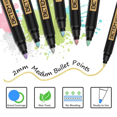 Image of Betem Metallic Paint Markers, 18 Colors Acrylic Metallic Markers for Black Paper, 2mm Medium Tip Glitter Pens Scrapbooking Supplies, Teacher Appreciation Gift, Rock, Photo Albums, Card Making Kit