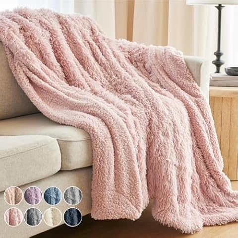 The Connecticut Home Co Throw Blanket for Couch, Soft Luxury Home Decor Shag and Sherpa, Cozy Warm Throws for Bed, Gift for Women, Bedding Accent Blankets for Sofa Beds Chair, 65x50, Dusty Rose Cover
