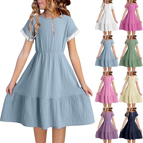 Girls Casual Dress Short Sleeve Crewneck Boho Sundress Flowy a Line Ruffle Dresses Tween Girl Fashion Size 4-14 Years