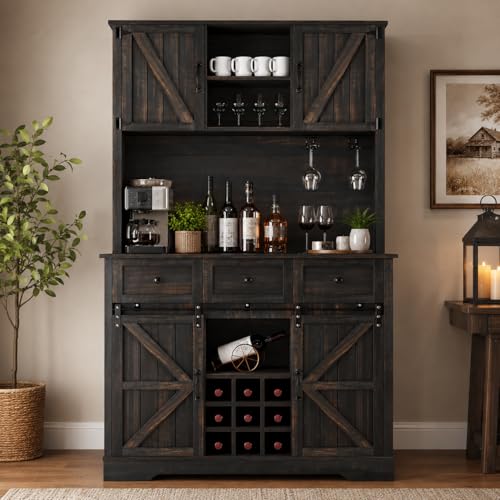 Farmhouse Coffee Bar Cabinet with Wine Rack, 72 'Tall Kitchen Storage Cabinet with 3 Drawers...
