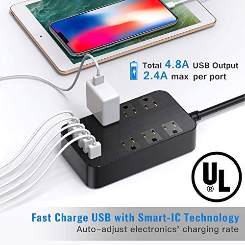 Power Strip - 6-Outlet Surge Protector with 5 USB Ports Fast Charging (4.8A), 6Ft Long Extension Cord Flat Plug Wall Mountable, 1700 Joules for iPhone iPad Home Dorm Office Laptop Computer