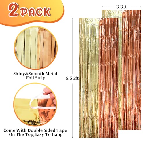 Image of Voircoloria 2 Pack Rose and Champion Foil Fringe Backdrop Curtains, Tinsel Streamers Party Decorations, Fringe Backdrop, Door Shimmer for Anniversary or Birthday Party