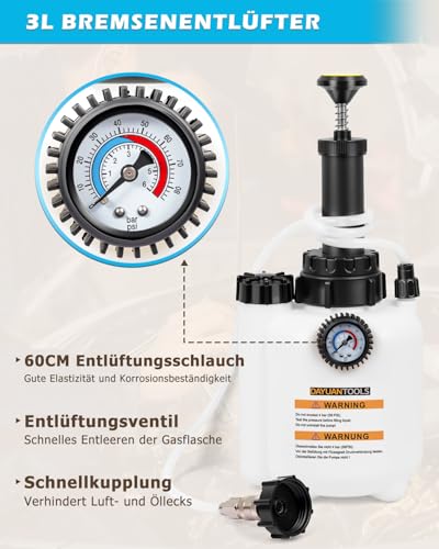 DAYUAN 3L Bremsenentlüfter mit 1L Absaugbehälter für E20 (ø45mm), für Auto und Motorrad, Bremsenentlüftungsgerät, Bremsflüssigkeitswechselgerät, Bremsenentlüfterflasche