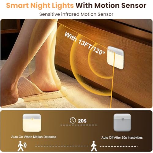 Image of ELEPHANTBOAT 2Pcs Smart Night Lights with Motion Sensor, 0.5W Warm Light Small LED Wall Lamp, Built in Magnet, 600mAh USB C Rechargeable Wall Lamp for Nursery Room, Kids Room, Bed Room, 78x78mm