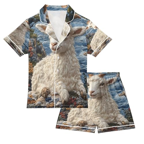 ALAZA Goat Sheep Flower Blossom Art Satin Pajamas Set Short Sleeve Button Down Sleepwear Summer Pjs 2 Piece