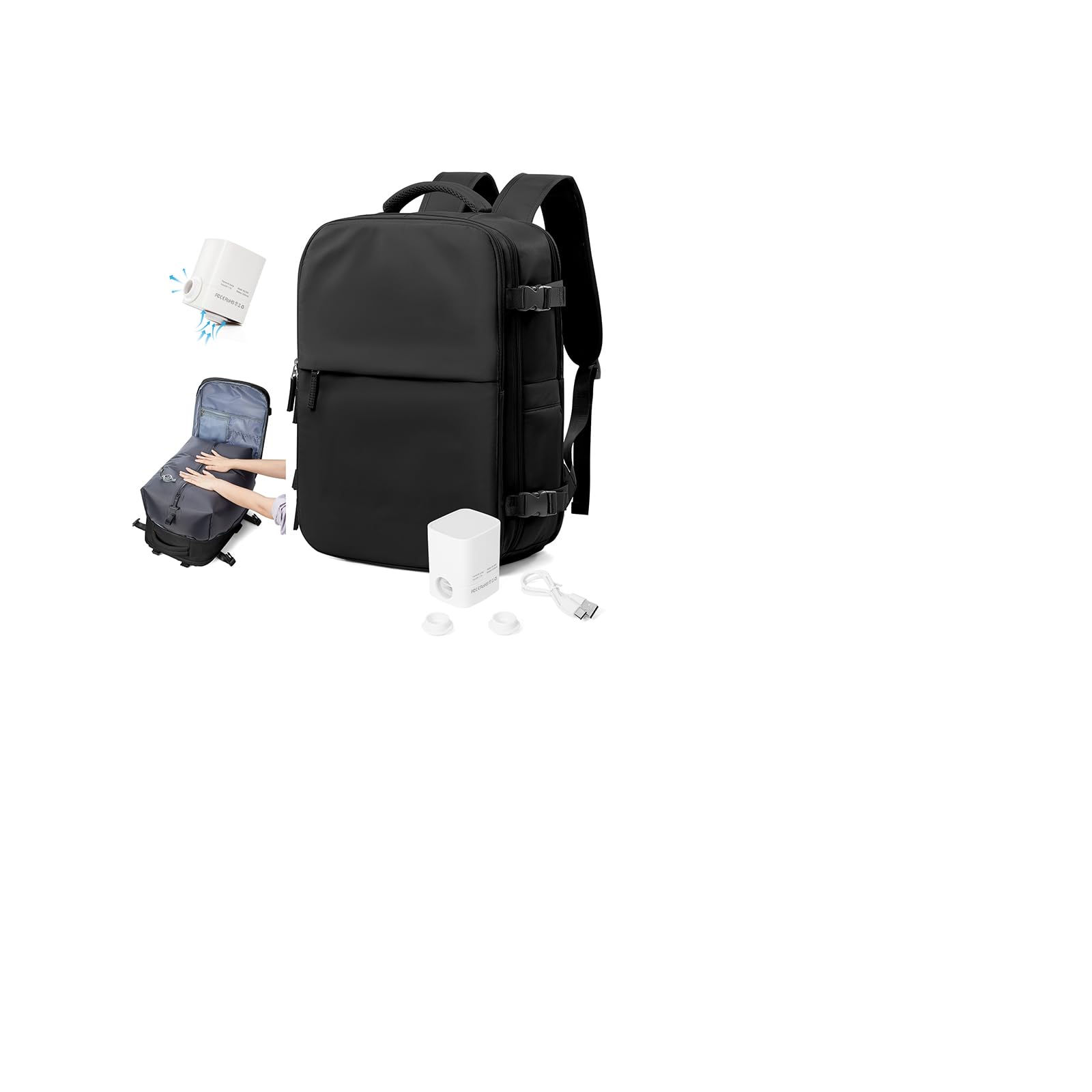 HPLQQ Zaino Sottovuoto da Viaggio con Pompa Borsa da Cabina per Easyjet Aereo Bagaglio a Mano Impermeabile Lavoro e Scuola Trekking Casual Daypack per 14" laptop,F01-Nero